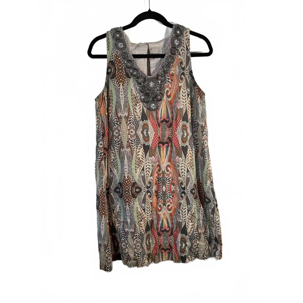 120% Lino Sleeveless Patterned Women's Dress with Beaded Neckline